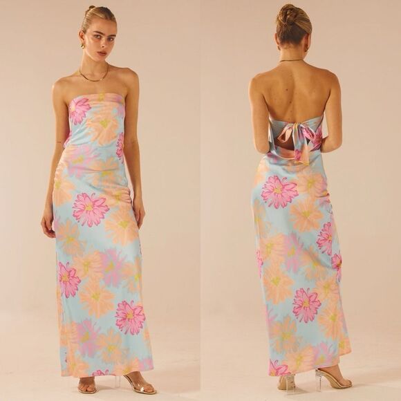 BNWT Peppermayo Spring Floral No Service Satin Blue Strapless Maxi Dress Sz 14 - Picture 1 of 12